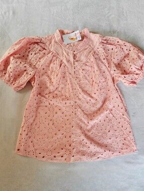 PRETTYGARDEN Womens Pink Eyelet Lace Puff Sleeve Blouse NWT Size Large